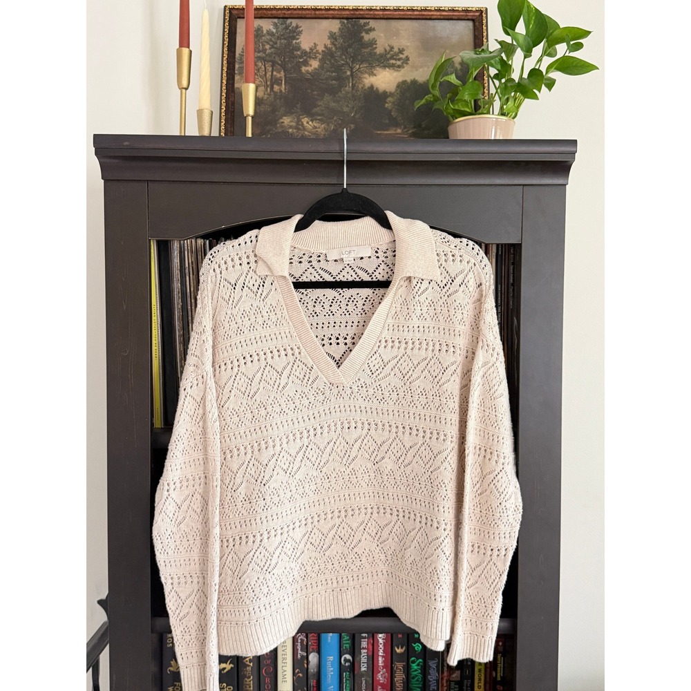 Pointelle Knit Polo Sweater Medium Cream Long Sleeve Crochet Coastal Grandmother